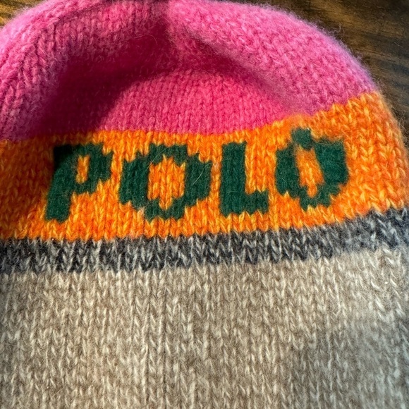 Polo Ralph Lauren Striped Pom-Pom Hat. Beanie pink/orange/gray 100% wool Italy - Picture 2 of 7